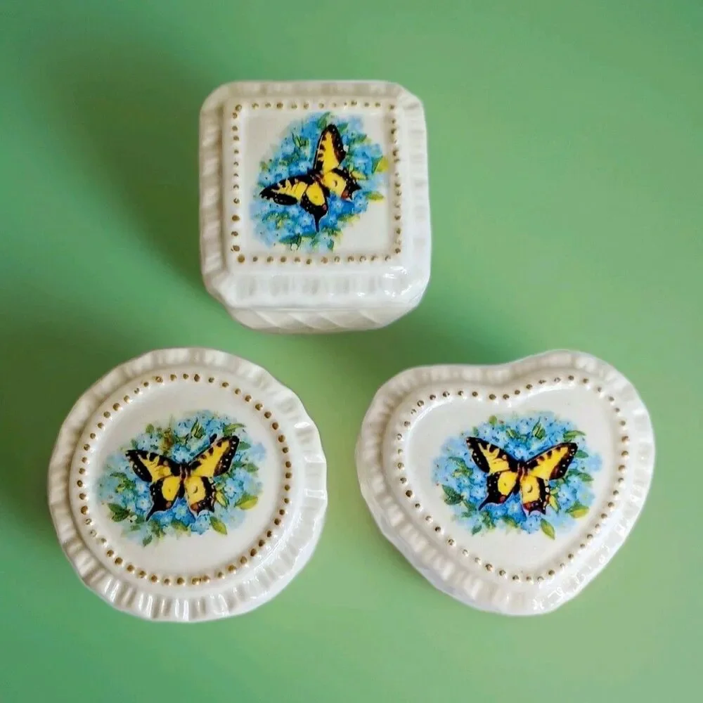 3 Fairy Cottagecore Butterfly Porcelain Ring Box Set Vintage Gold Kitsch Vanity